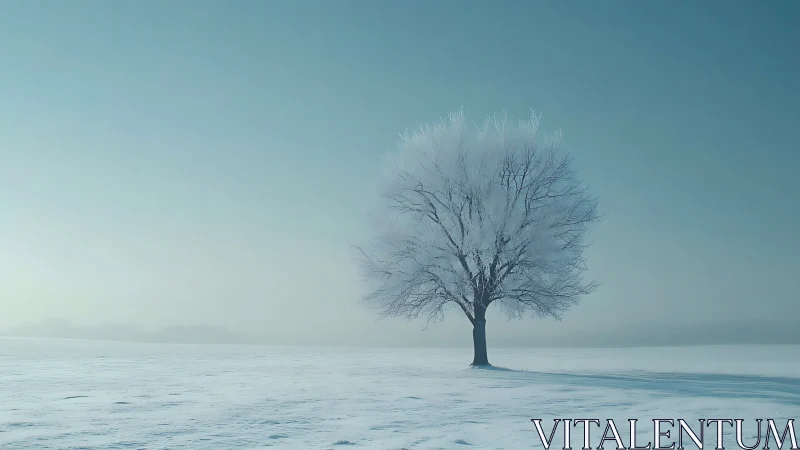 Quiet winter tree stands calmly in a wide frosted field