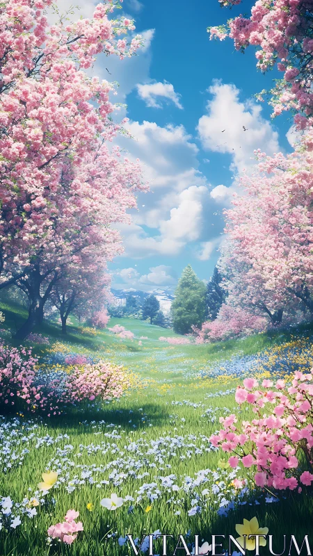 Spring meadow corridor with flowering trees under sky.