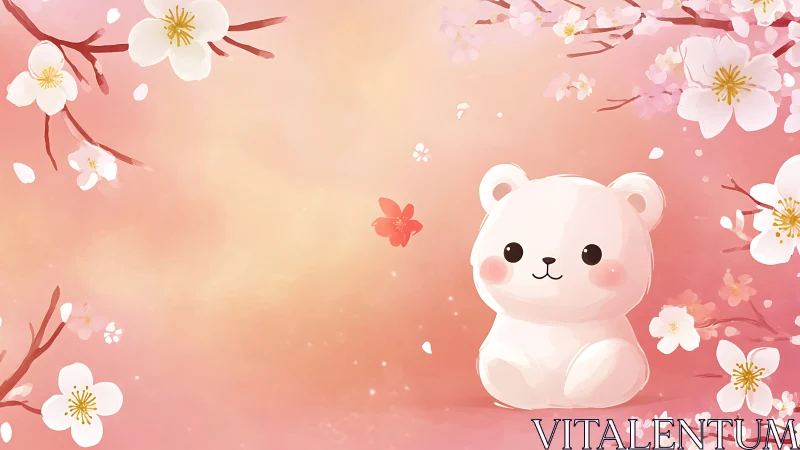 Springtime bear daydream under soft cherry blossoms.