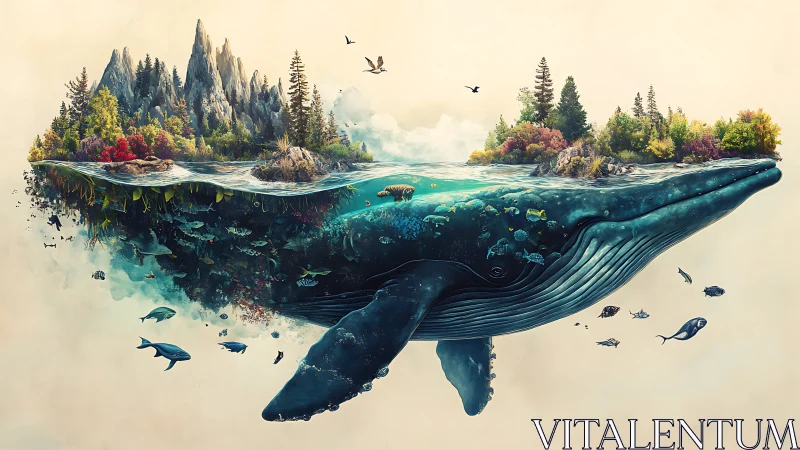 Whale island ecosystem rendered as surreal marine landscape.