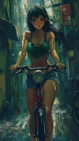 Kinetic alleyway cyclist in saturated rain-slick digital strokes.