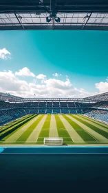 Modern football stadium under clear turquoise sky.