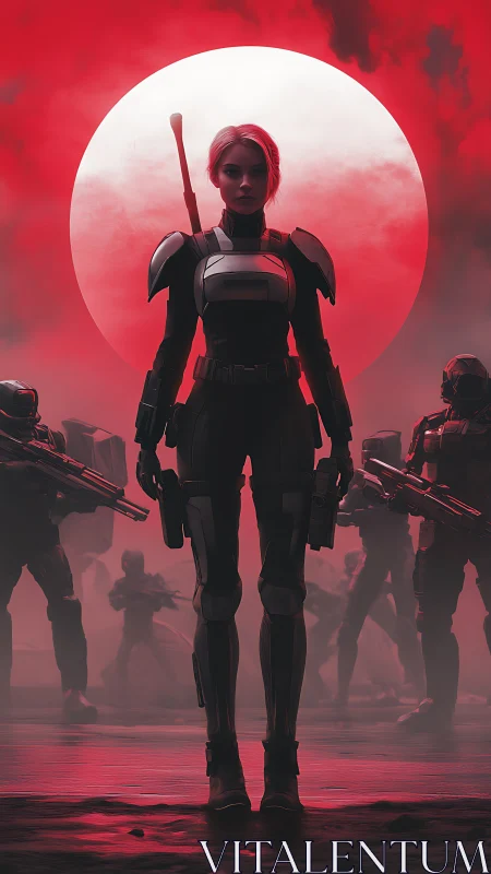 Armored soldier stands before red backlit circular moon