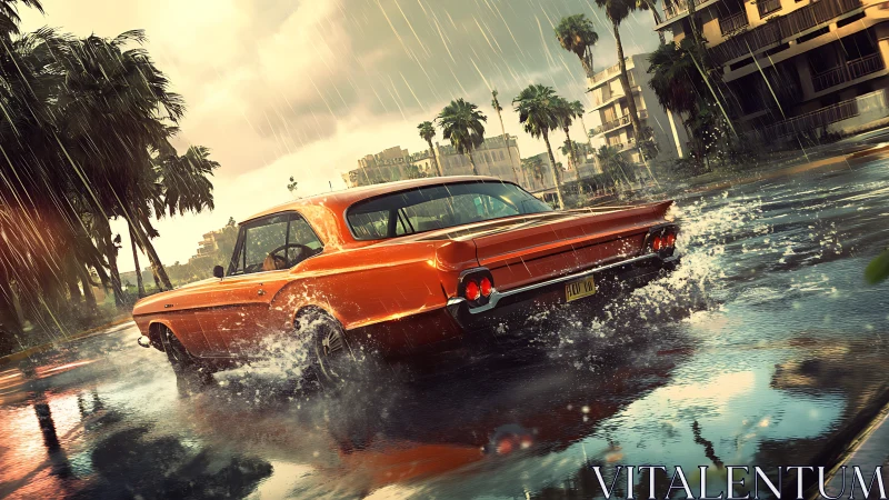 Orange classic car skids through rainy palm-lined street