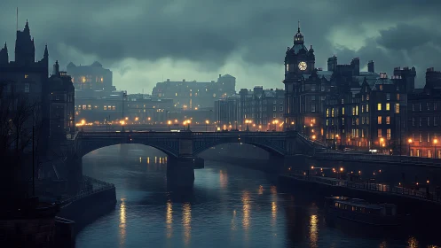Moody riverside city glows under misty evening rain.