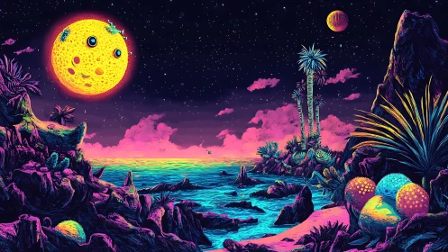 Neon coastal landscape under stylized moons and bright sky.