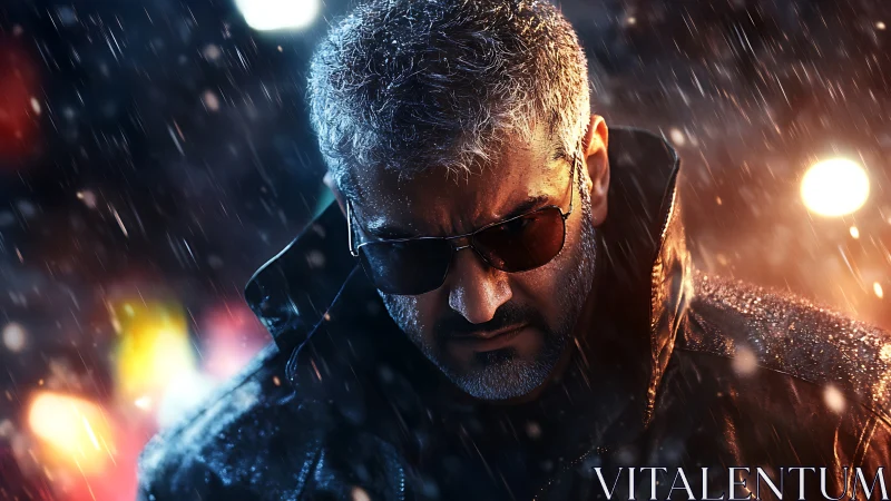 Stoic man in rain with sunglasses and leather coat.