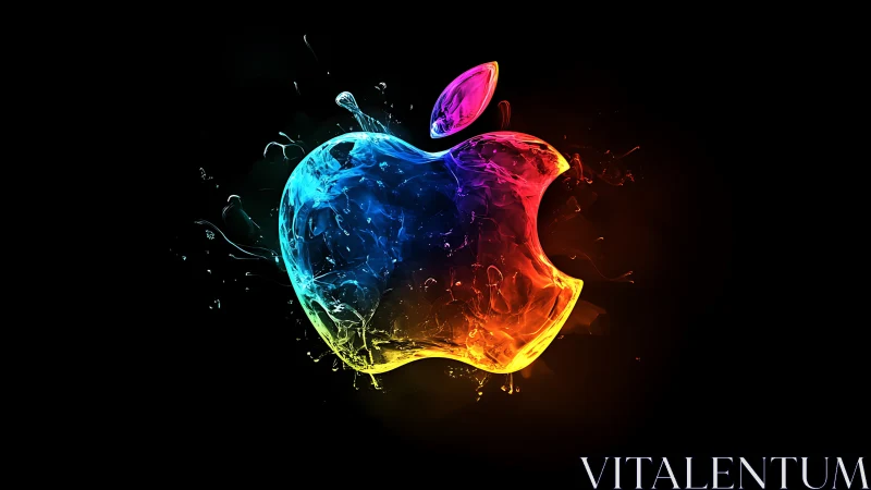 Iridescent liquid apple emblem in multicolor neon splash.