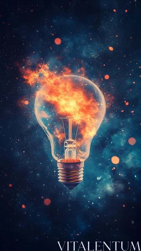 Glowing glass bulb contains swirling fire over cosmic void