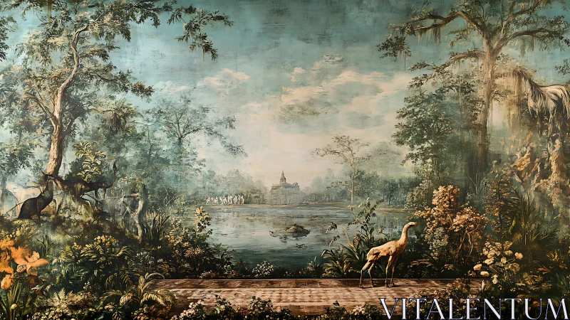 Panoramic painted landscape depicts lake, flora and birds