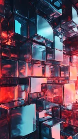 Neon glass cubes form a futuristic abstract data corridor