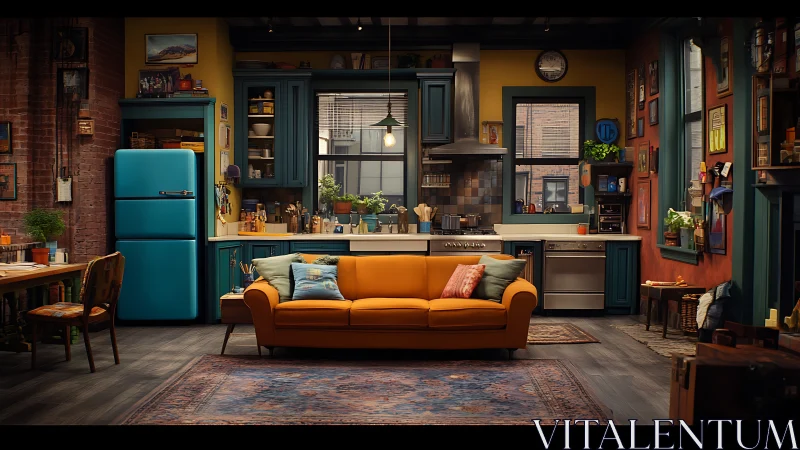 Color-calibrated retro loft kitchen with central ochre sofa.