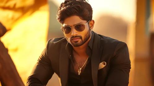Man in black suit wearing sunglasses in warm sunset light