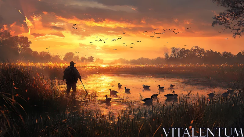 Hunter and waterfowl silhouette observe incandescent marsh sunset