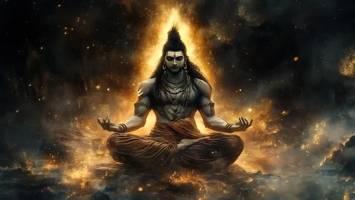 Cosmic yogi crowned in firelight, breathing galaxies into calm.