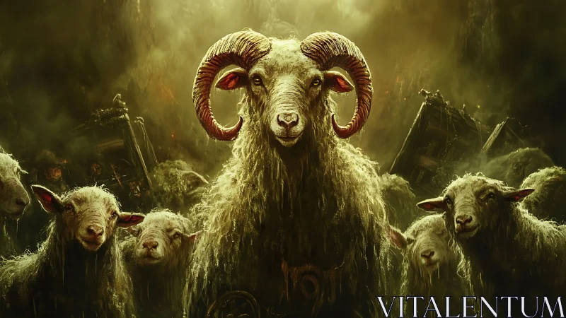 Ram leading flock in dark atmospheric fantasy scene.