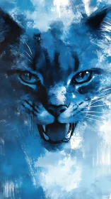 Fierce blue cat portrait emerges from abstract misty strokes.
