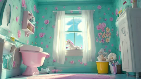 Pastel teal kids&rsquo; bathroom with unicorn toy and floral decor