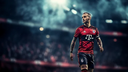 Footballer in red jersey under stadium floodlights at night.