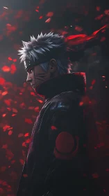 Solitary silver haired warrior stands in swirling crimson leaves