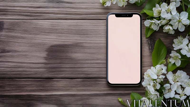 Smartphone mockup on wooden surface with white flowers