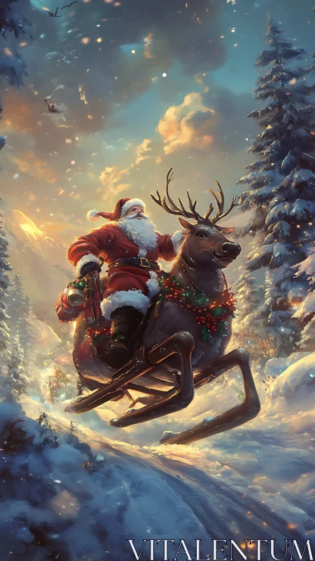 Soaring Santa on reindeer-sled amid glowing winter forest.