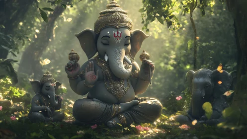 Ganesha icon glows within misted forest sanctuary light