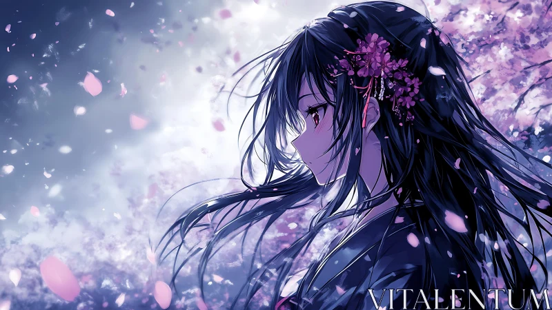 Sakura twilight profile of dark haired girl in windblown bloom.