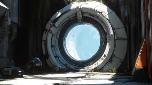 Futuristic Orbital Gateway: Monumental Portal in Industrial Canyon.
