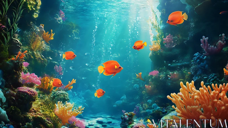 Orange reef fish swim through detailed digital coral scene