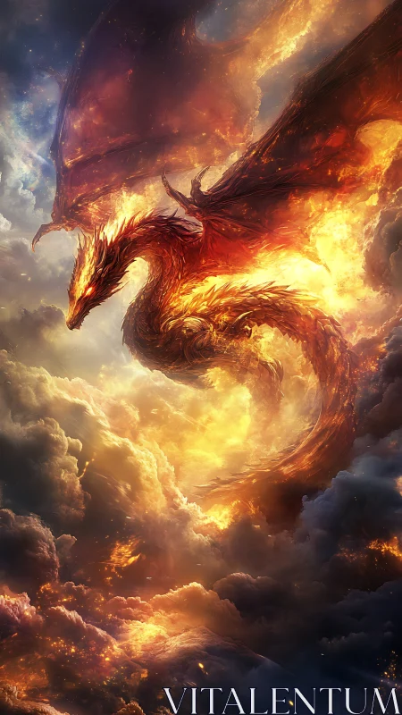 Inferno dragon soaring through blazing storm clouds.