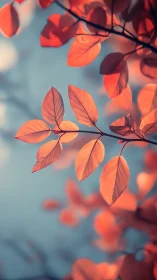 Orange leaves hang sharply focused against soft blue background