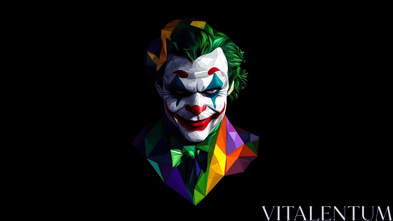 Polygonal clown portrait in vivid prismatic low‑poly render.