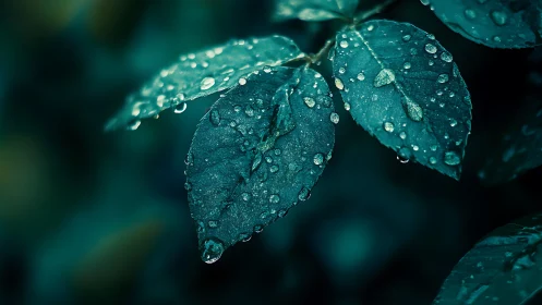 Glistening teal leaves cradling gentle morning raindrops.