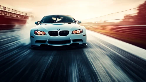 Sunrise track blast with a white BMW chasing the horizon.