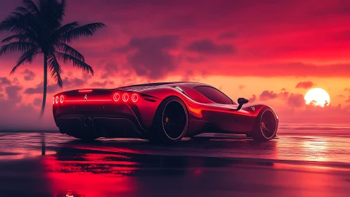Sleek red supercar glows against a neon tropical sunset.