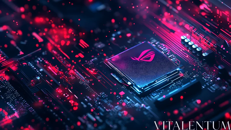 Gaming processor glows within neon lit motherboard circuit