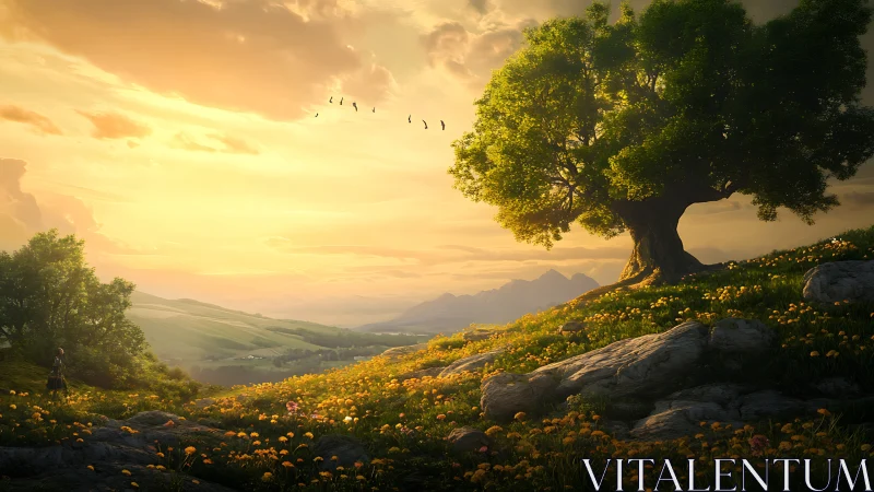 Golden hillside meadow unfolds beneath an ancient tree.