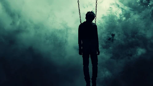 Suspended silhouette drifts alone inside storm colored fog