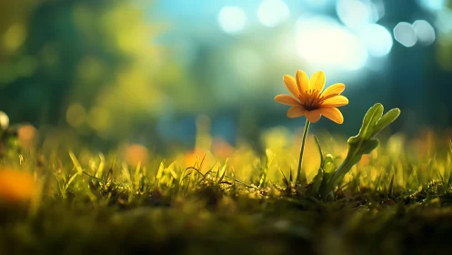 Sunlit yellow daisy rising from soft blurred meadow ground.