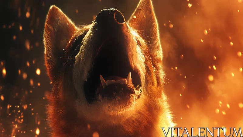 Cinematic close-up of howling dog amid airborne embers and firelight