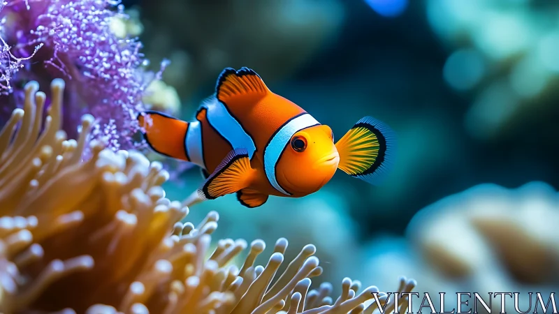 Clownfish in sharp midwater profile amid anemone tentacle bokeh