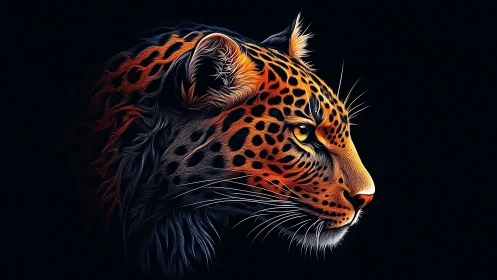Radiant leopard portrait glows boldly against deep night