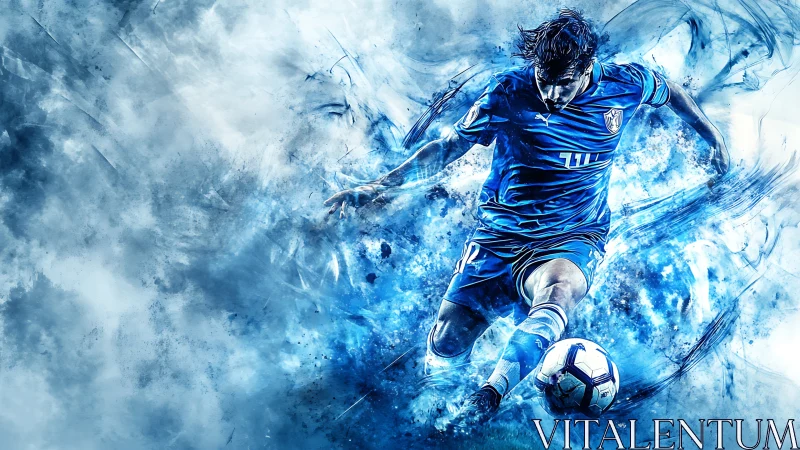 Blazing blue striker carving comet trails across the pitch.