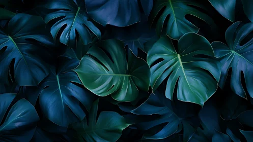 Midnight monstera leaves whisper in deep teal shadows