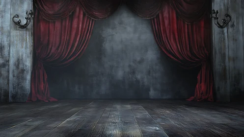 Velvet curtain hush in a timeworn, shadow-drenched stage hush.