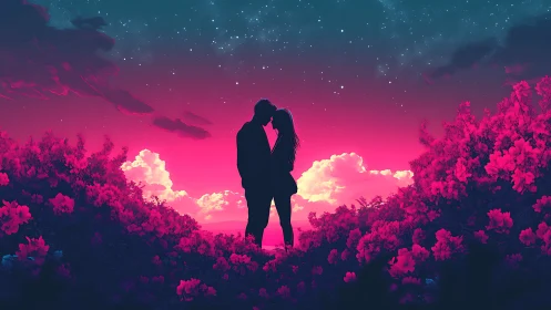 Neon Reverie: Star-Crossed Romance Beneath Magenta Skies.