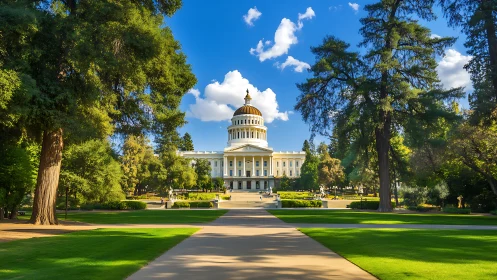 Sunlit capitol dome presides over emerald parkway calm