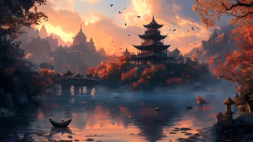 Autumn temple rises over misty lake beneath glowing sunset sky