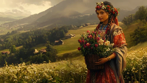 Folk maiden holds flower basket in sunlit mountain meadow.